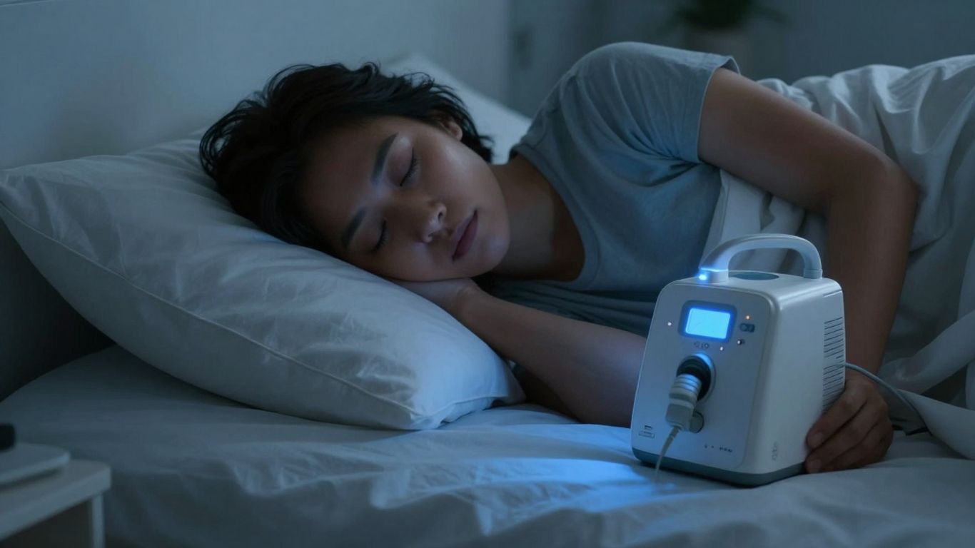 Person sleeping with CPAP machine nearby.