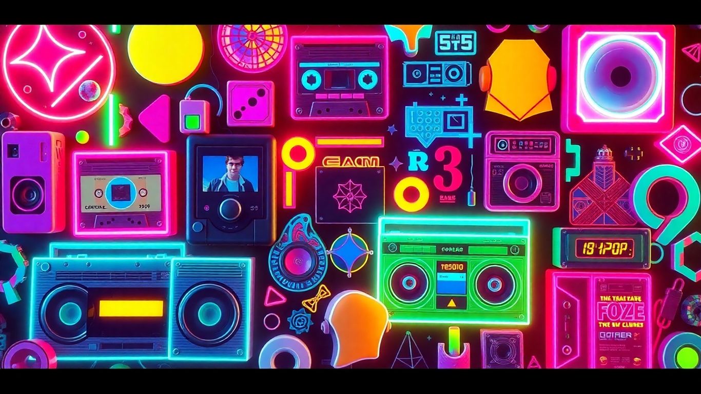 Retro 1980s pop culture collage with neon colours.