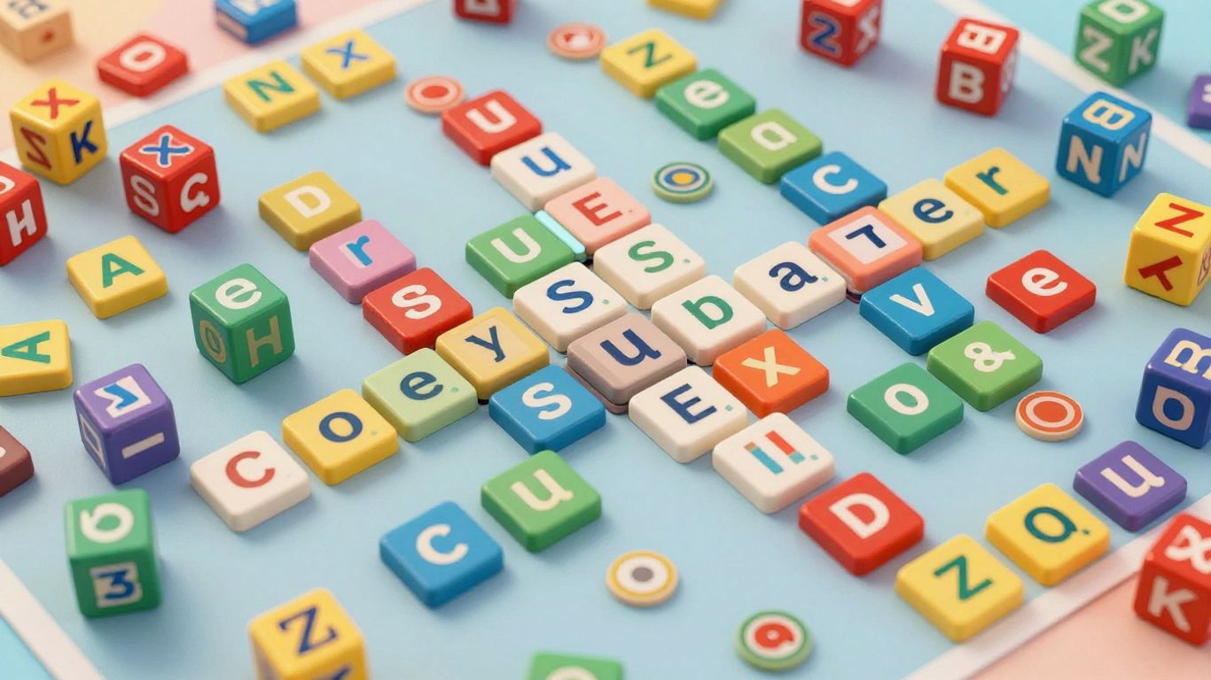 Colorful word tiles and letter blocks in a game.