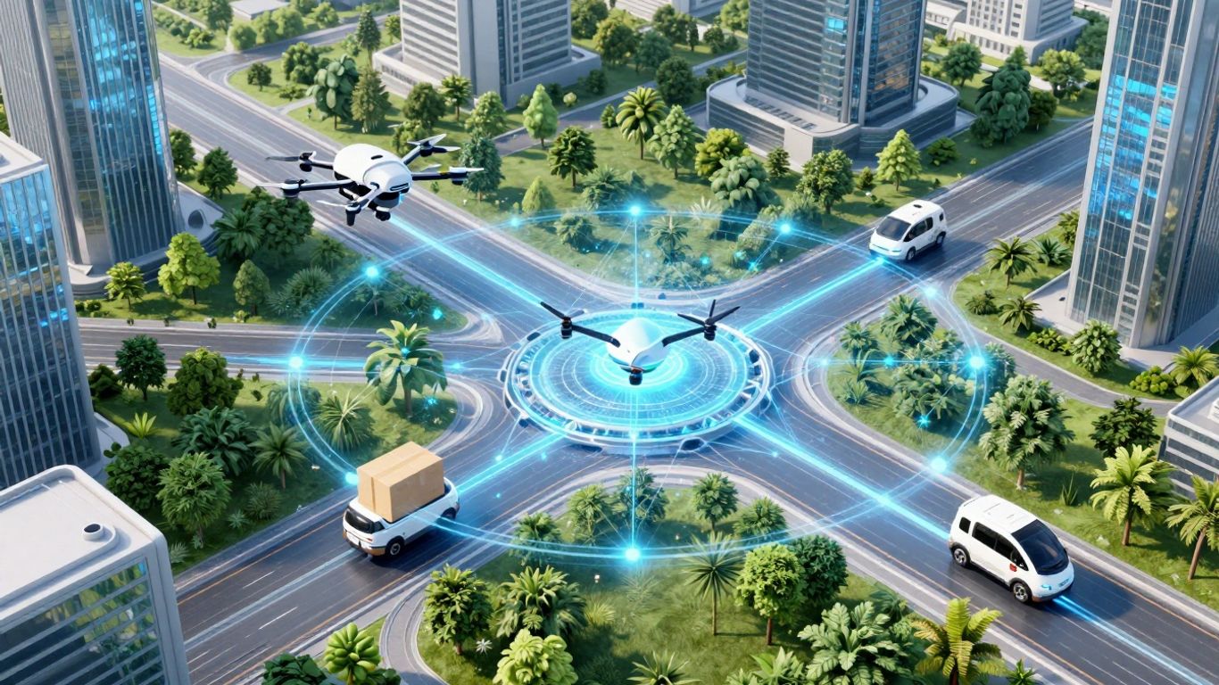 Blockchain logistics network in a sustainable cityscape.