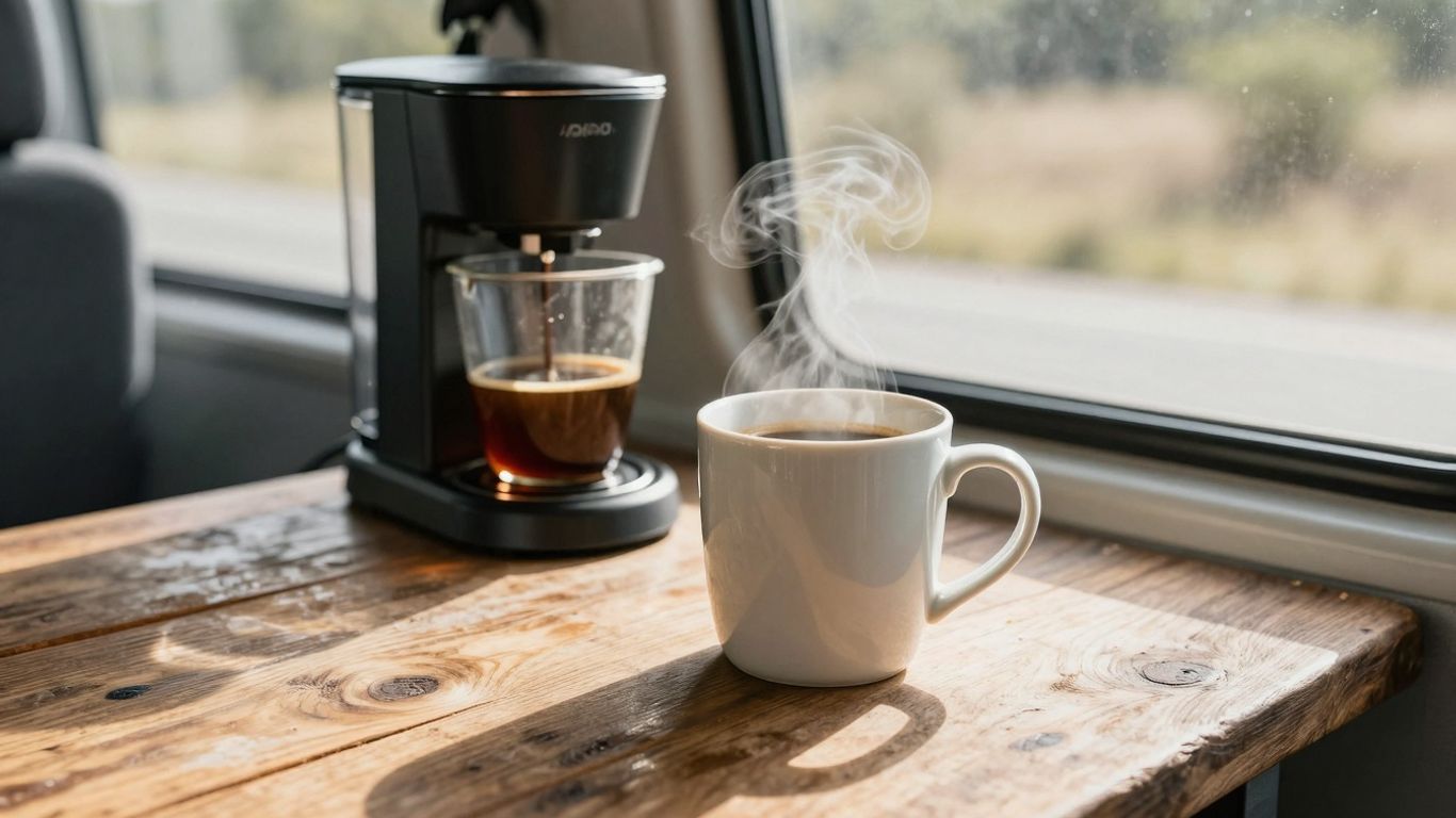Coffee maker in a van, morning brew.