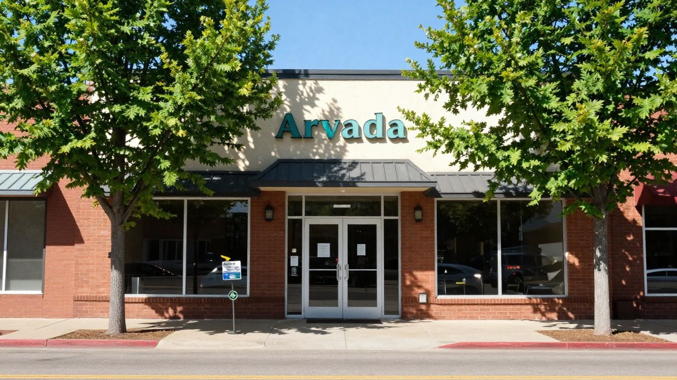 Arvada Colorado dispensary exterior with trees and sunlight.