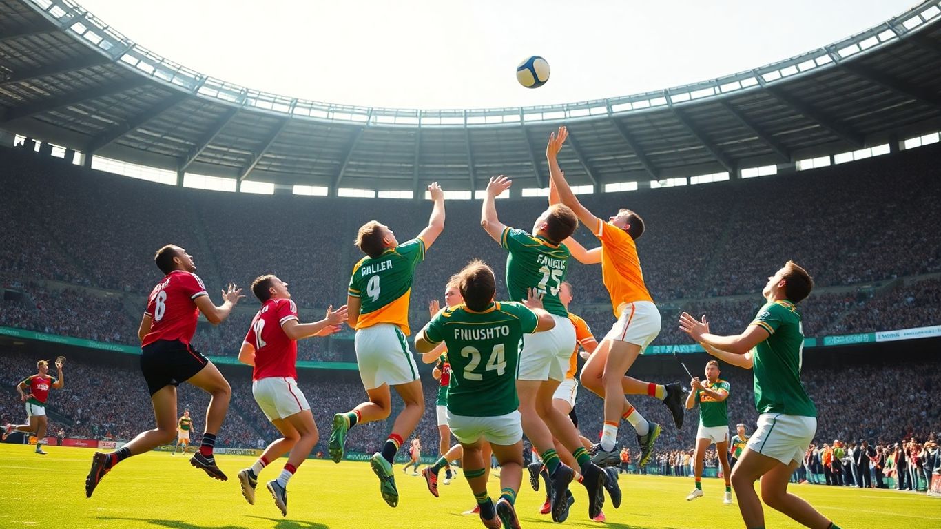 Players competing for a Gaelic football in a stadium.