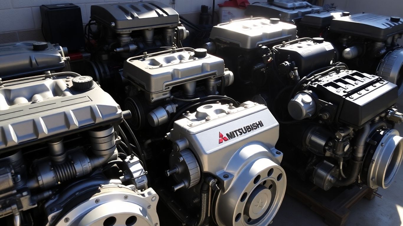 Various Mitsubishi engines displayed for sale.