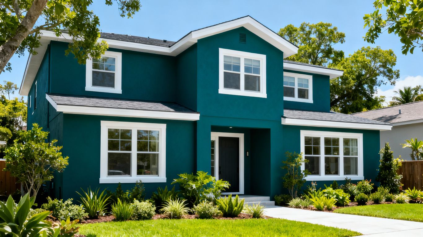 House with bold teal exterior paint and white trim.