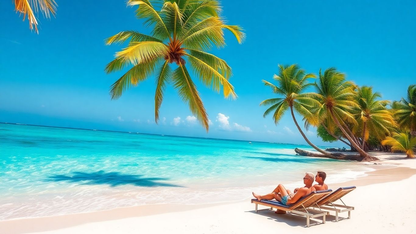 Couple relaxing on a tropical beach vacation.
