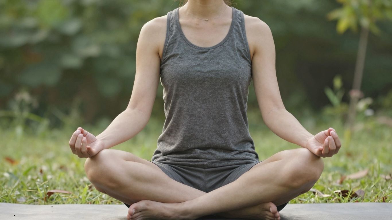 Person meditiert im Freien, umgeben von Natur.