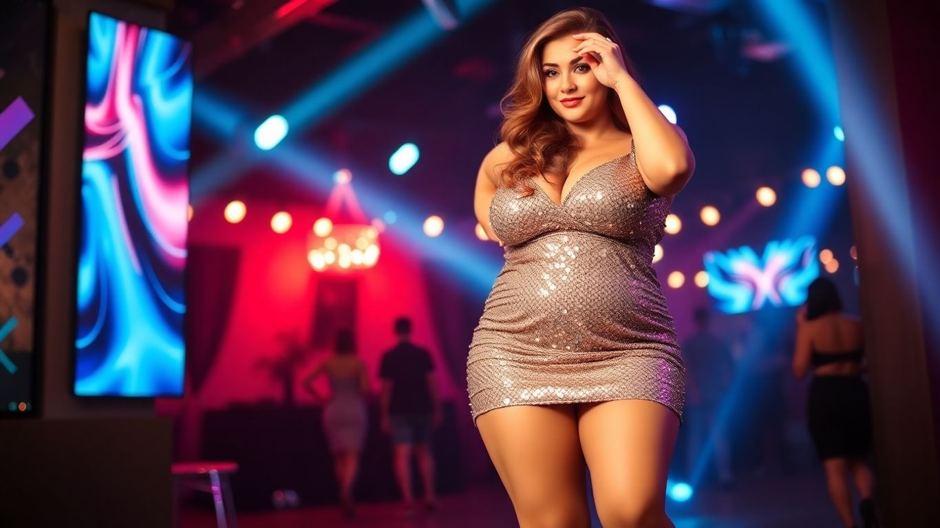Plus-size woman in a sequined club outfit.