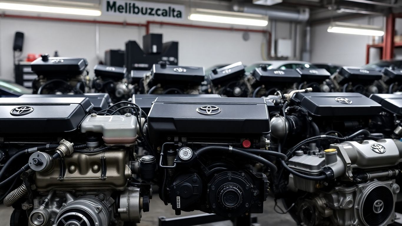 Used Toyota Corolla engines displayed in a workshop.