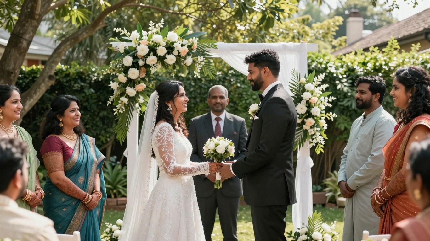 Couple having an intimate wedding ceremony outdoors.