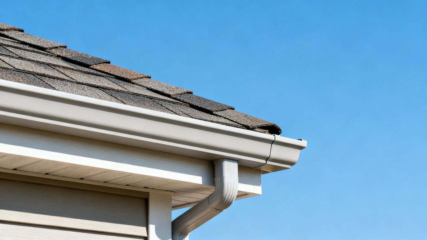 Professional gutter installation on a house roof.