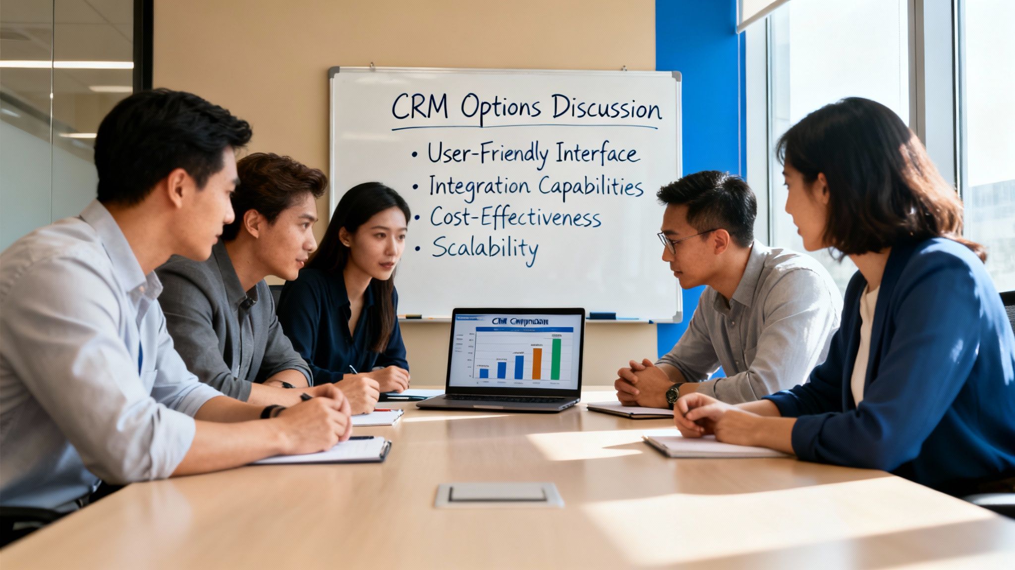 Team discussing CRM options and making decisions collaboratively