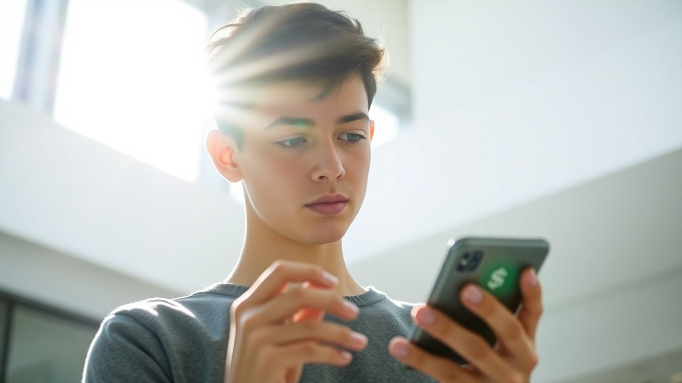 Jovem aproveitando benefícios fiscais com smartphone.