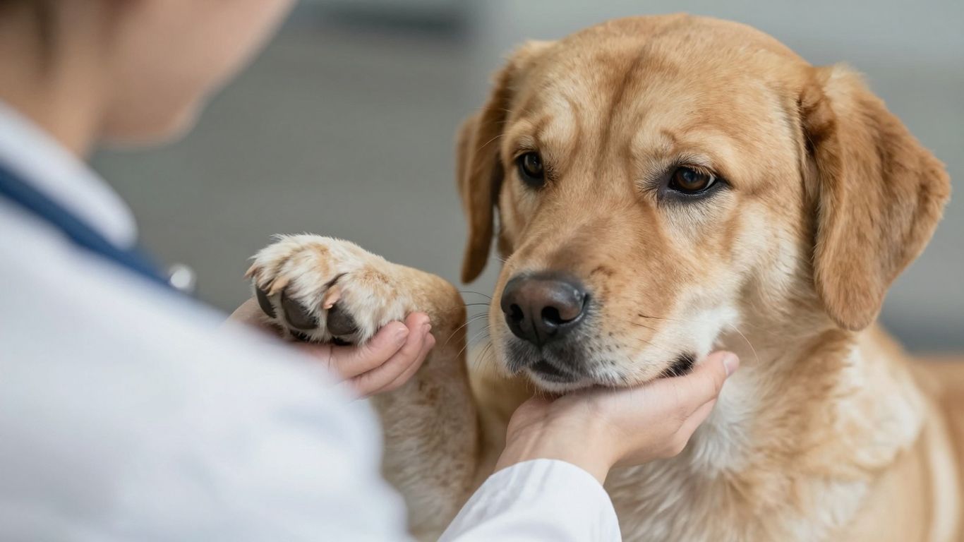 Dierenarts houdt poot van hond vast, zachte belichting.