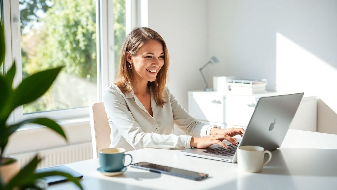 Australian woman typing on laptop in home office