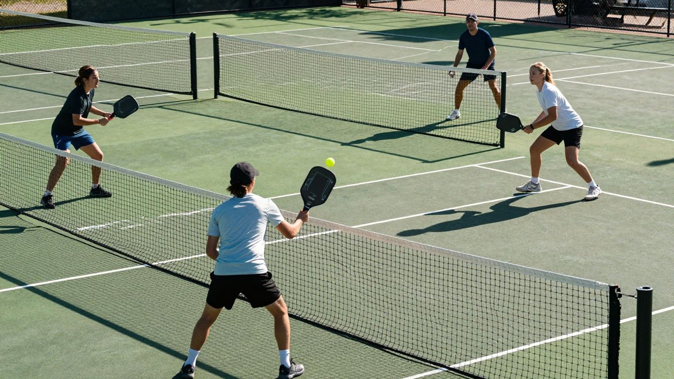 Pickleball players on a sunny court