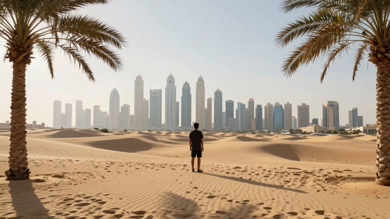 Expat looking at Dubai skyline from a desert dune.