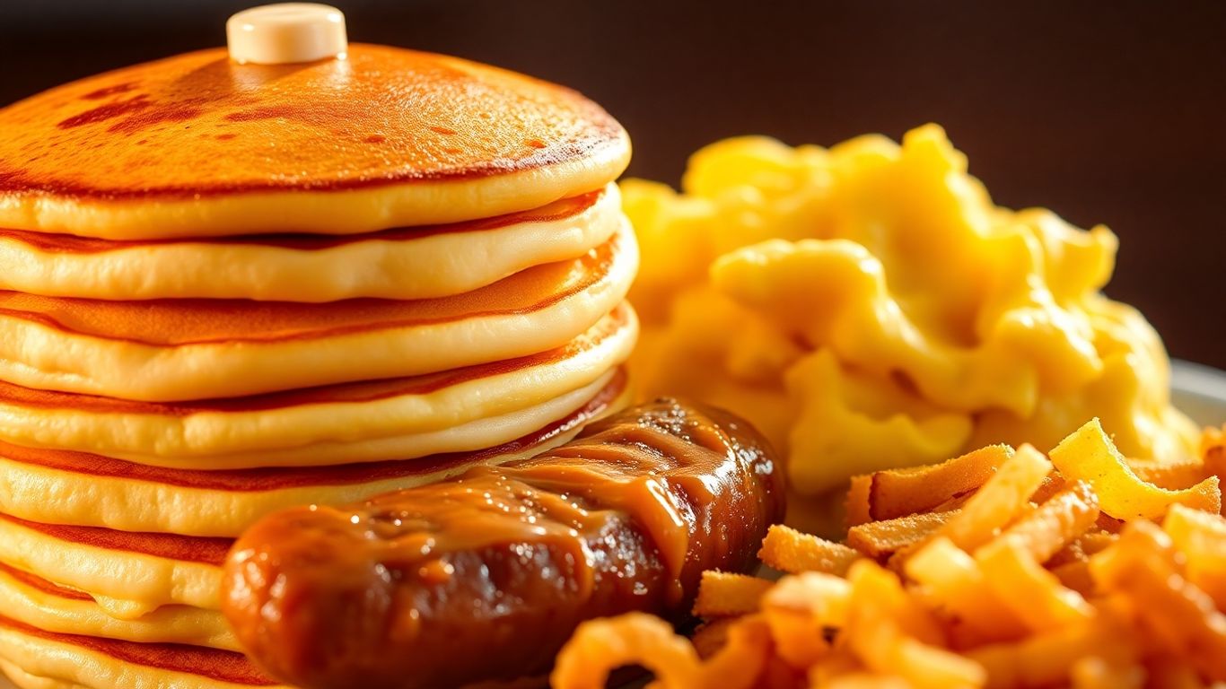 Jack in the Box breakfast menu items: pancakes, sausage, eggs, hash browns.