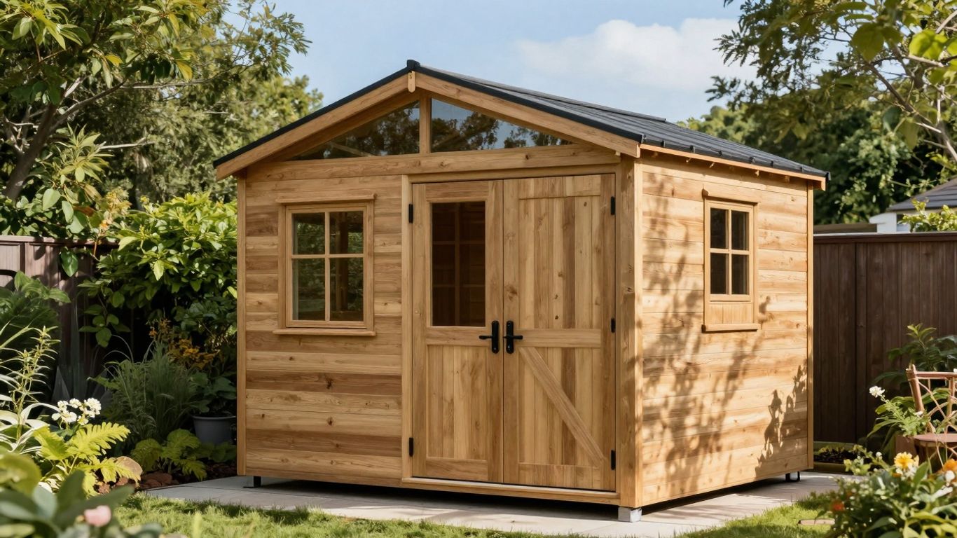 Custom backyard shed with beautiful design and landscaping.