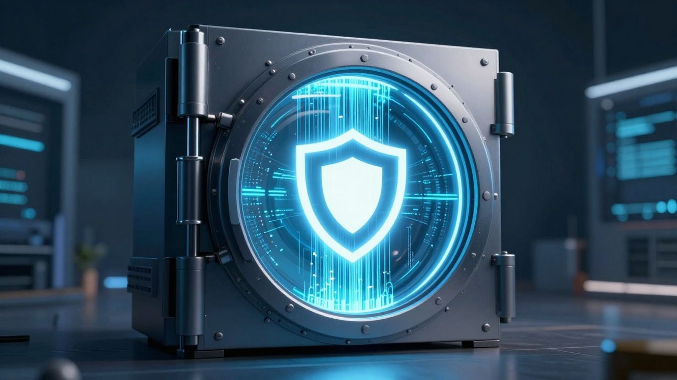 Secure cloud data vault with shield icon.