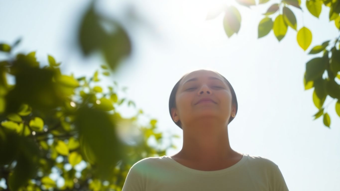 Person meditating peacefully outdoors for heart health.