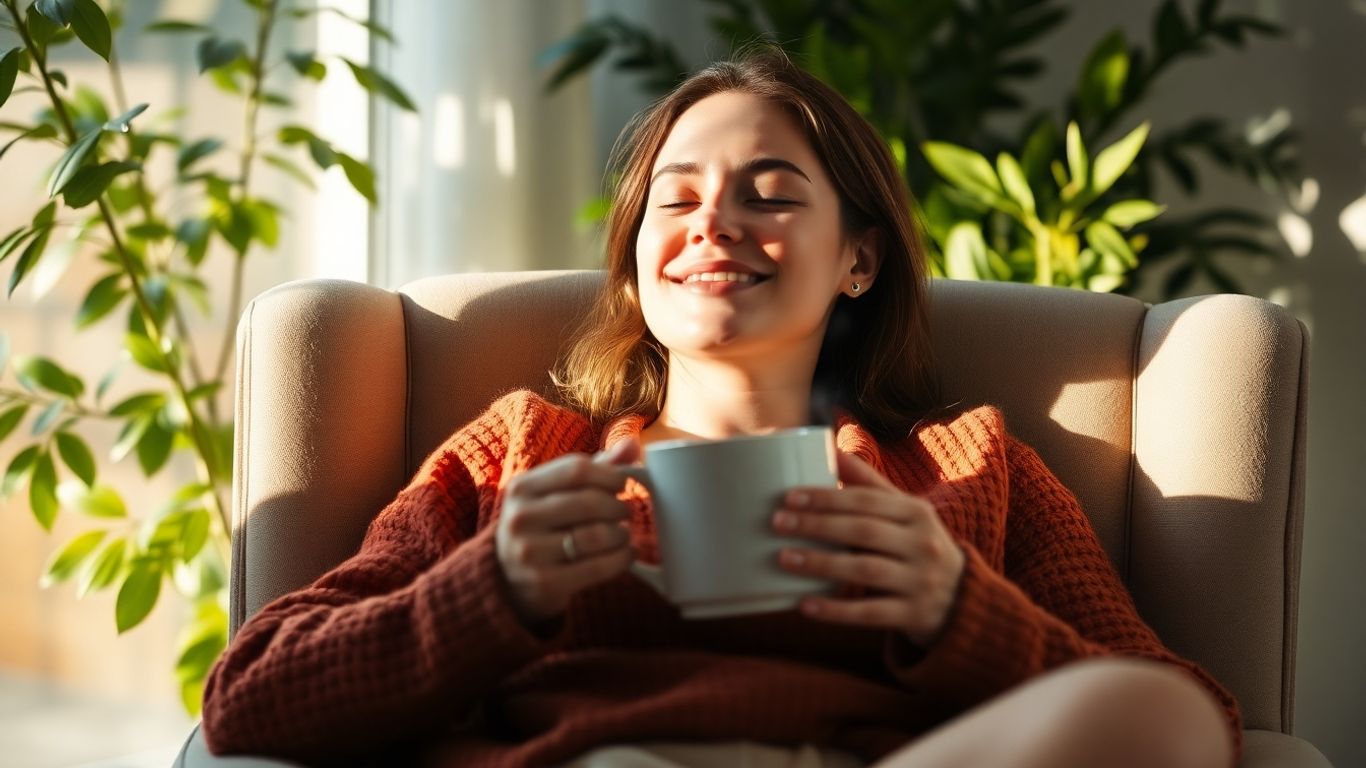 Woman peacefully relaxing with a warm drink.