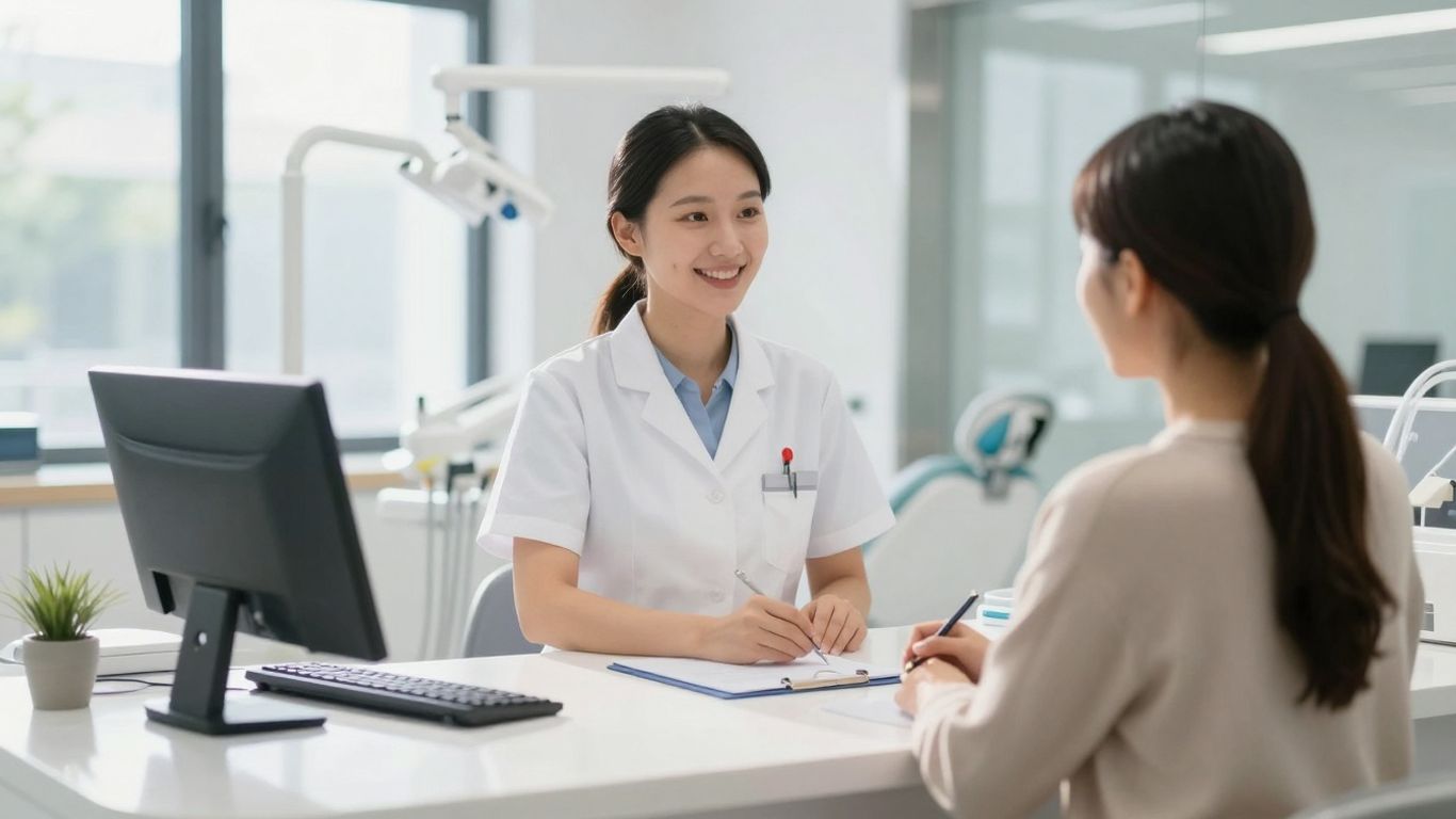 Dental clinic reception with patient and receptionist.