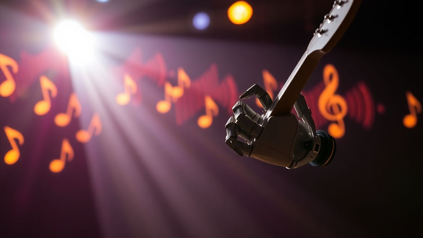 Robot playing guitar on stage