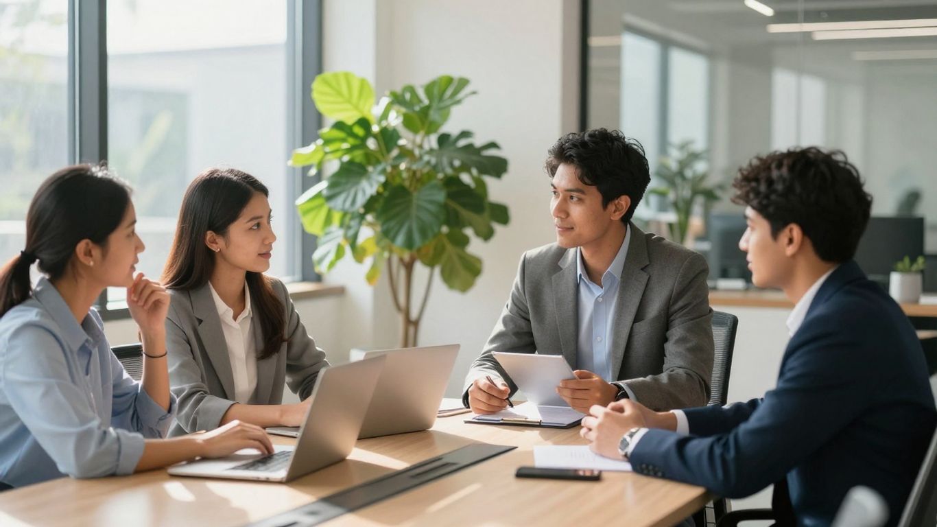 Young professionals in a bright office discussing future opportunities.