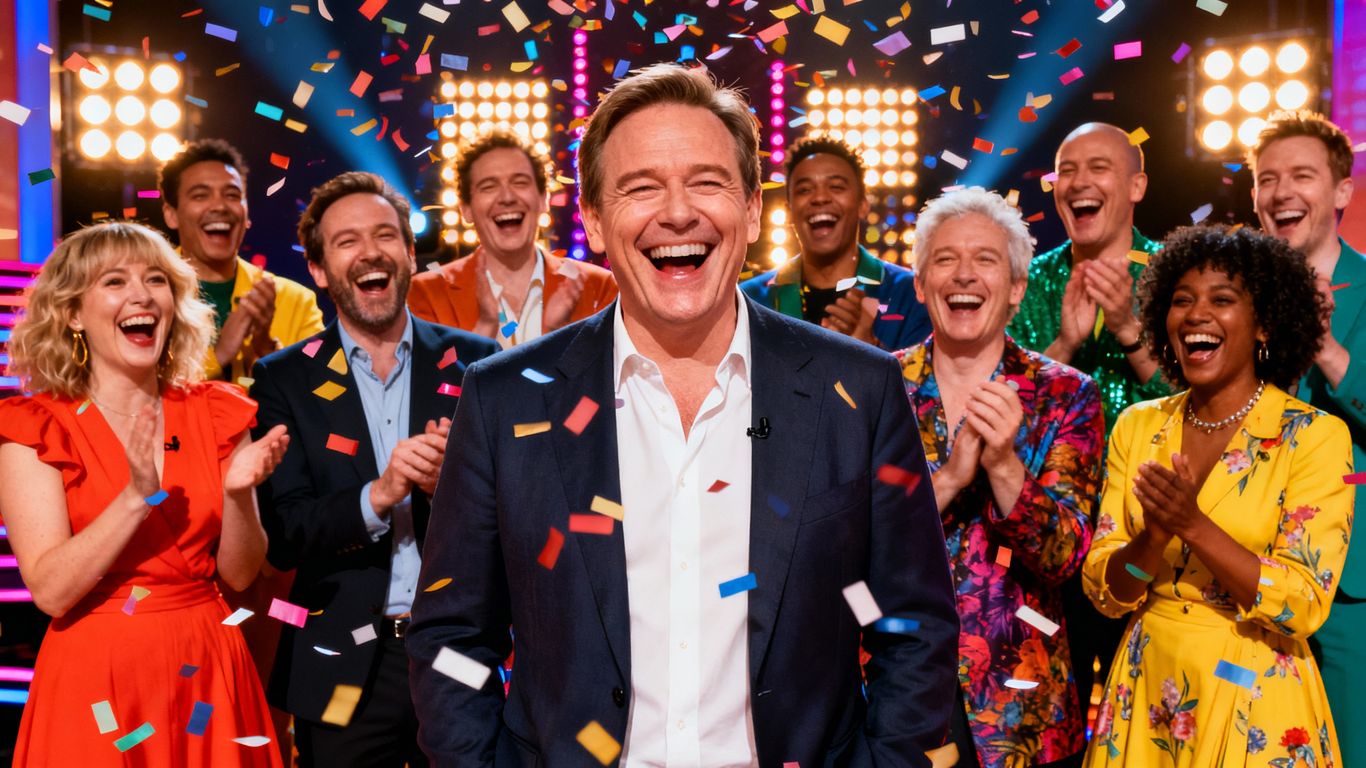 Bob Mortimer laughing among comedians on stage