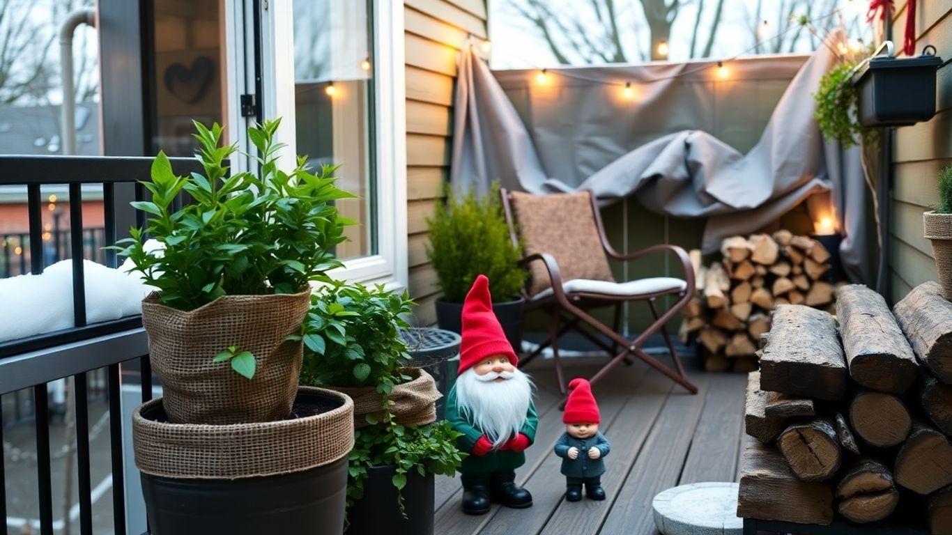 Balkon winterfest gemacht mit Pflanzen und Möbeln.