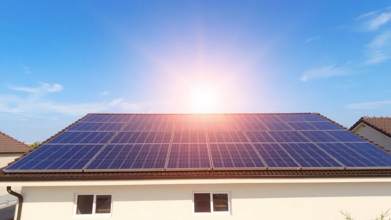 Solar panels on a roof with blue sky.