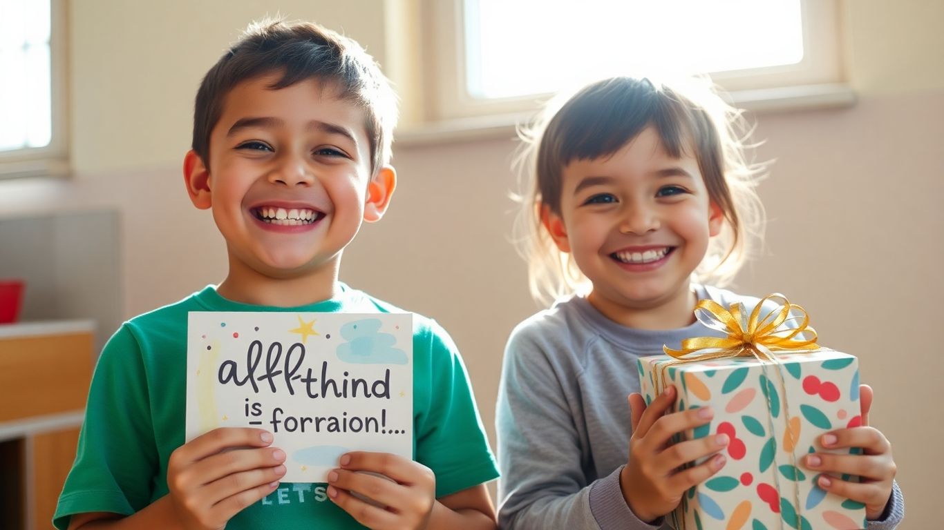 Boy holding affirmation card, child with personalized gift.