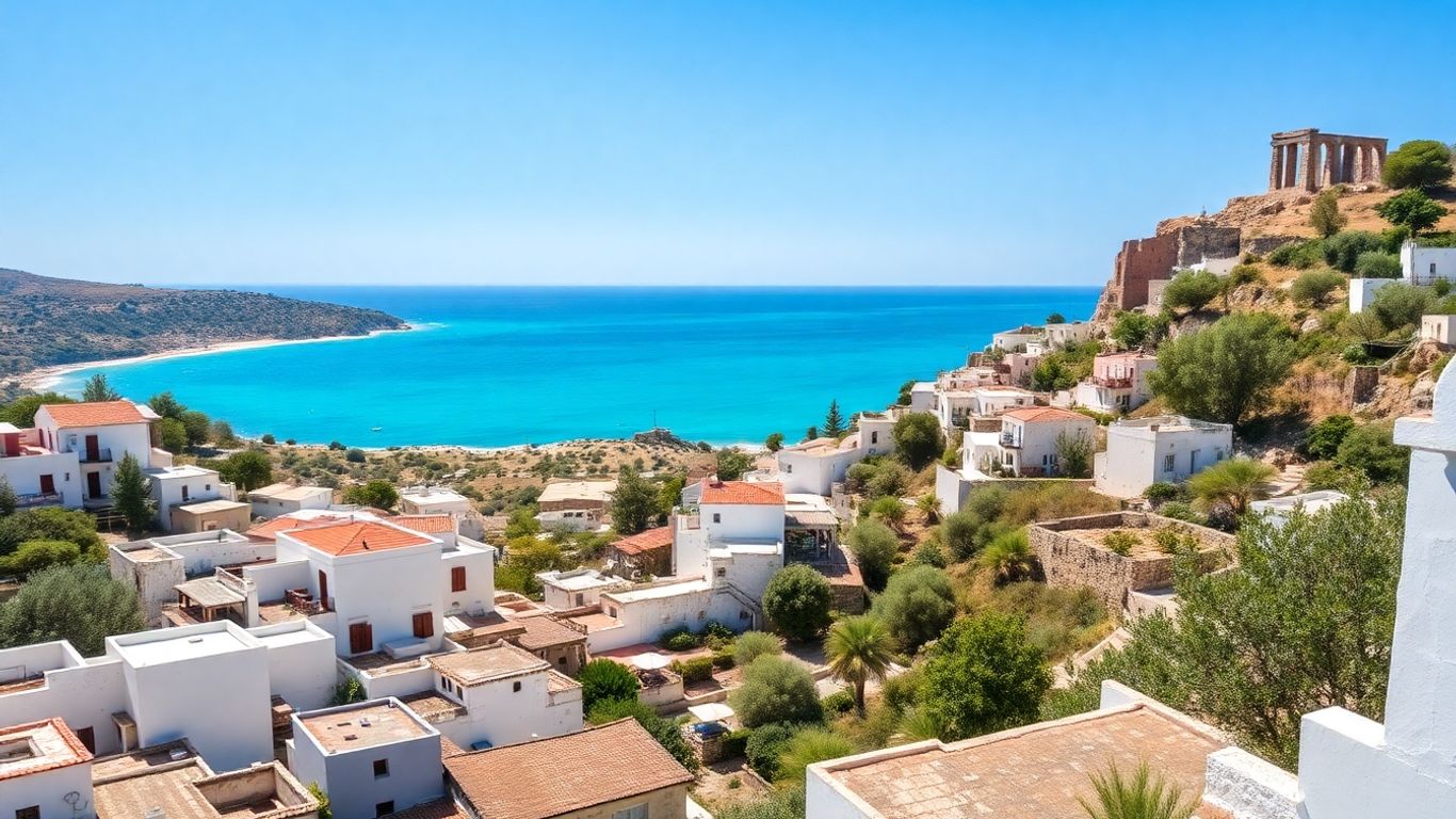 Coastal village in Peloponnese, Greece with whitewashed buildings and blue sea.
