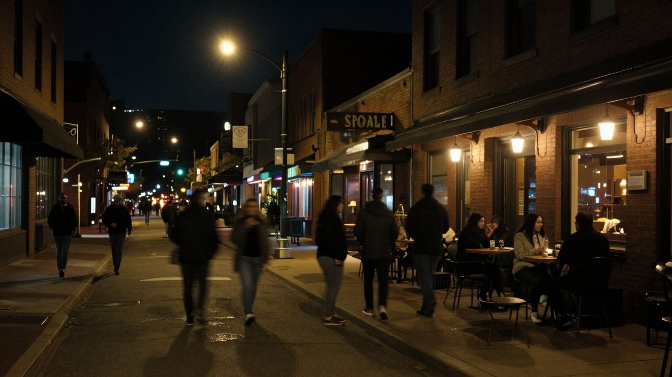 Rochester cityscape at night with people meeting.