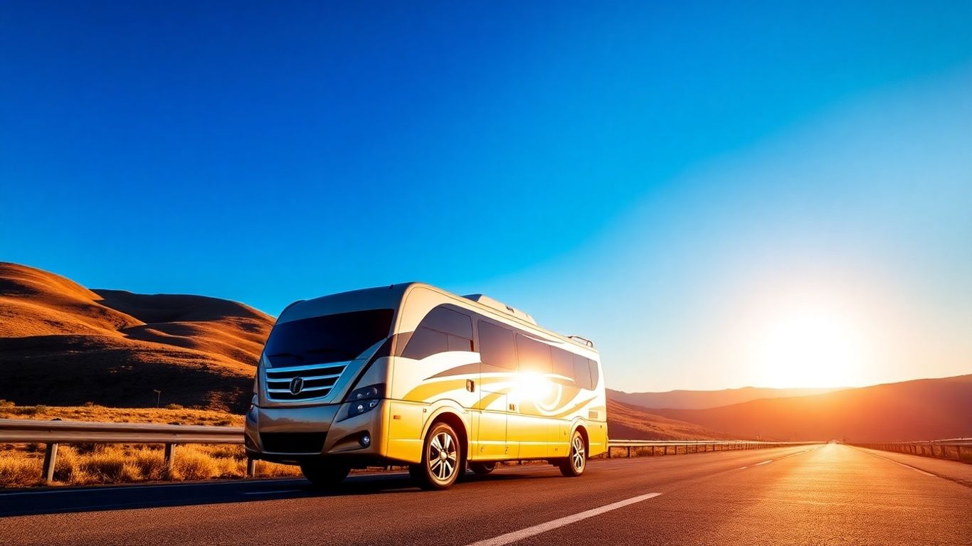 New motorhome on a scenic highway with hills and blue sky.