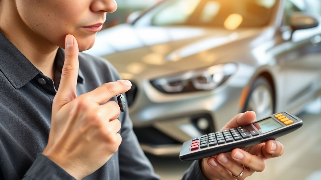 Car key and calculator with a car in the background.