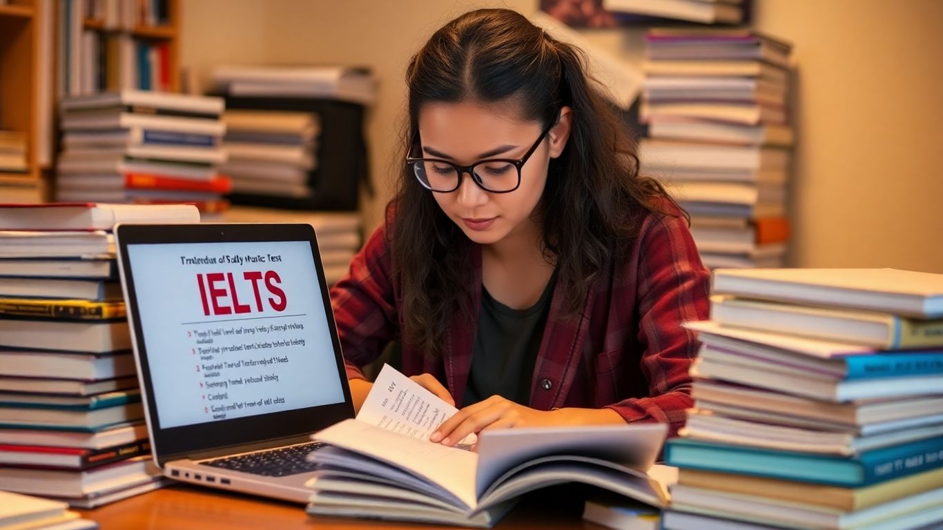 Student studying for IELTS exam with books and laptop.