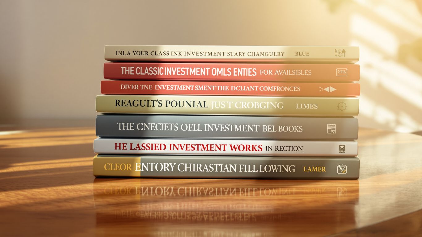 Stack of classic investment books bathed in sunlight.