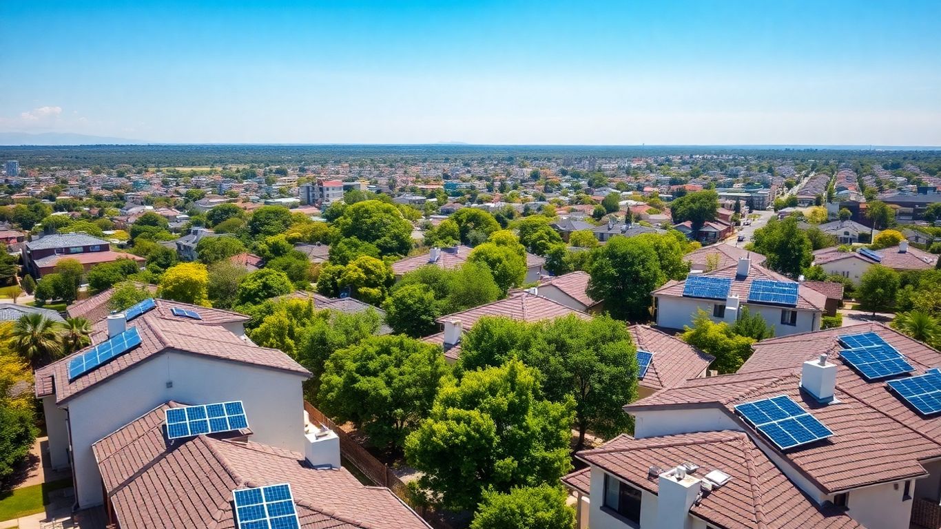 Pretoria cityscape with solar panels on rooftops.