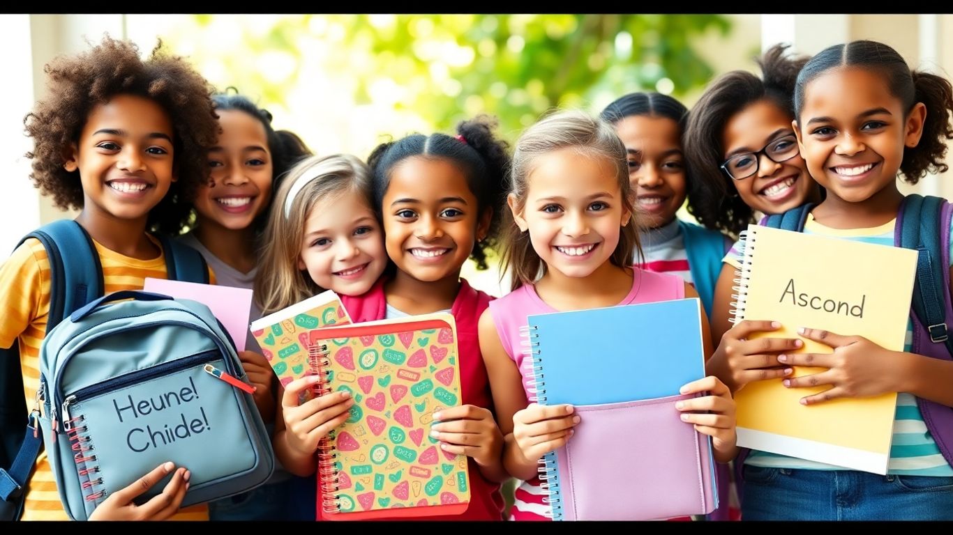 Children happily holding personalized school supplies.