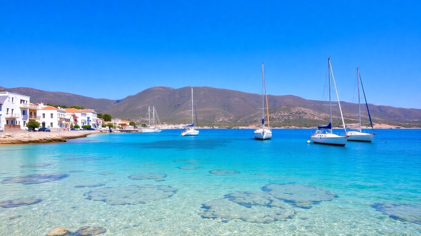 Sailboats anchored in a beautiful Greek bay with white buildings.