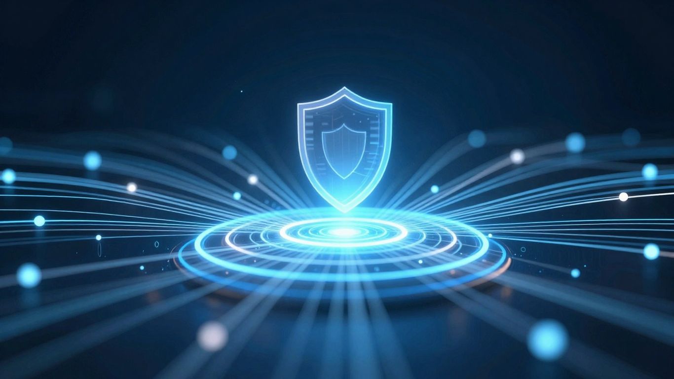 Digital network security hub with glowing data streams and shield icon.