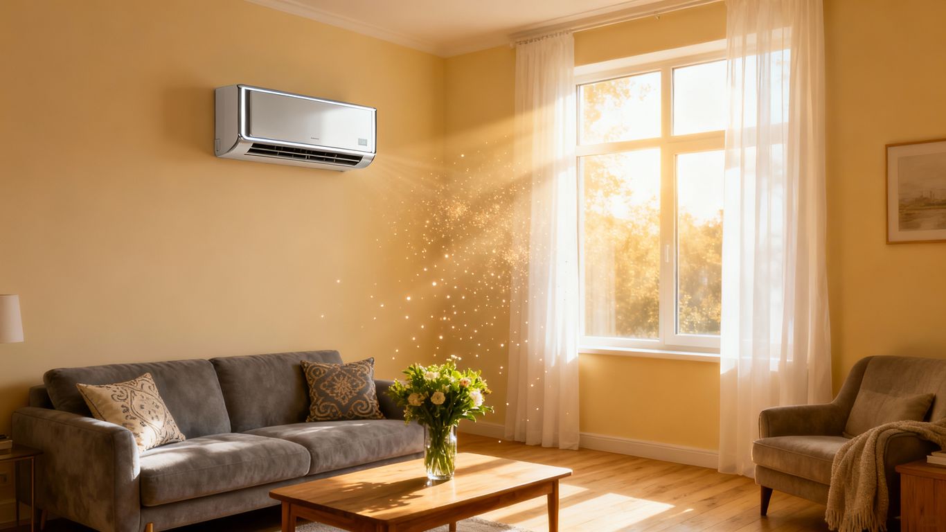 Cozy living room with climate control unit and warm sunlight.