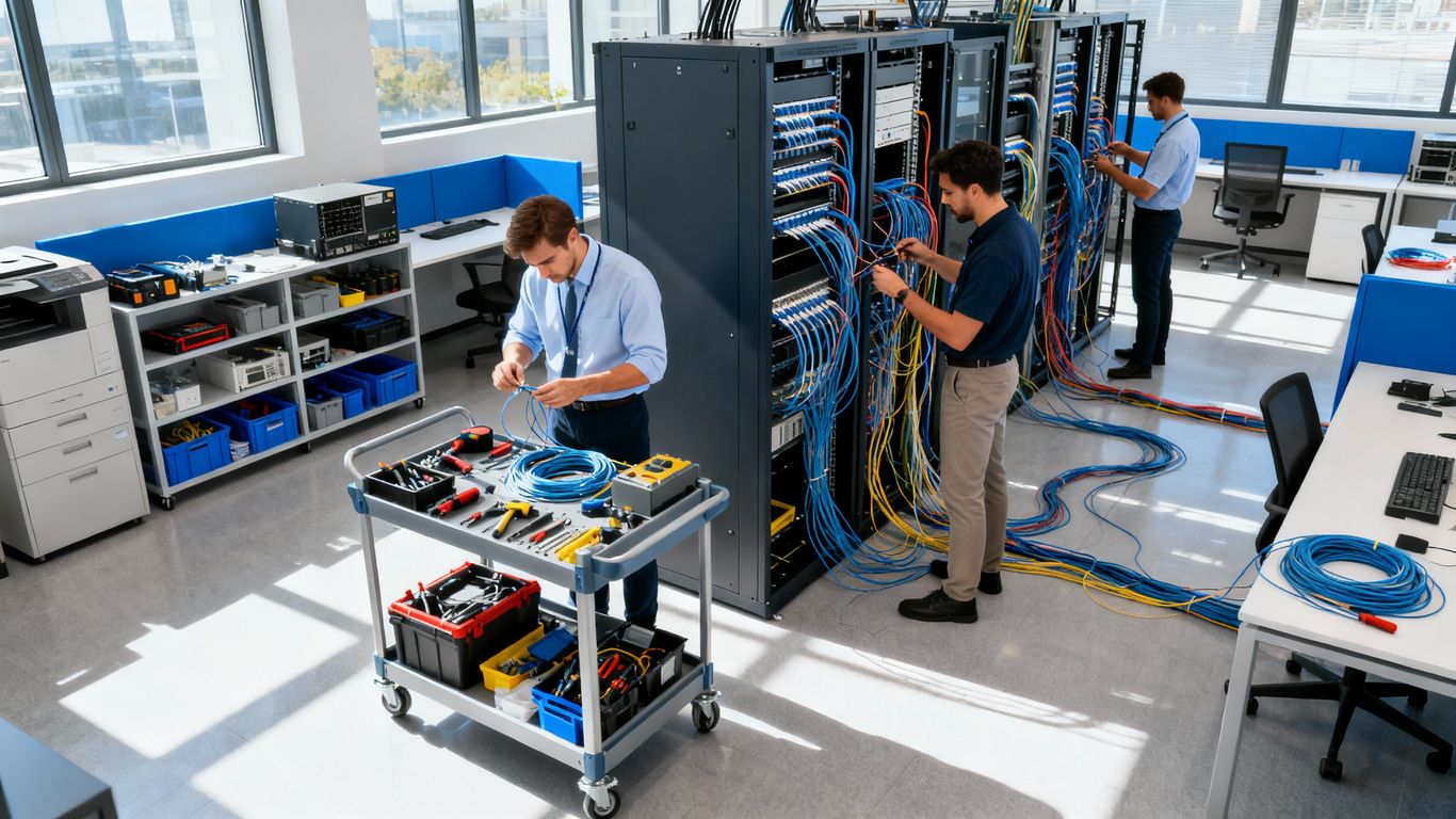 Technicians installing structured cabling in a modern office.