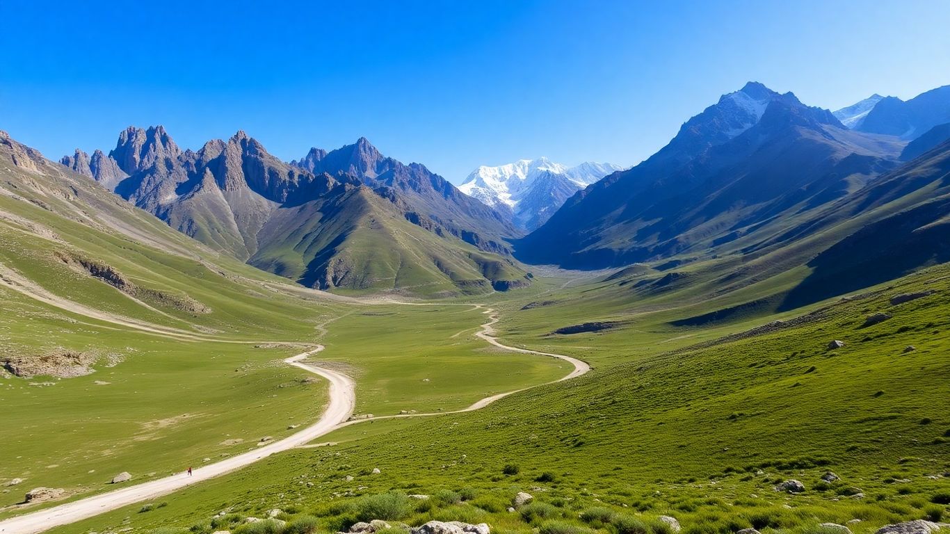 Górski krajobraz Kirgistanu z szlakiem w dolinie.