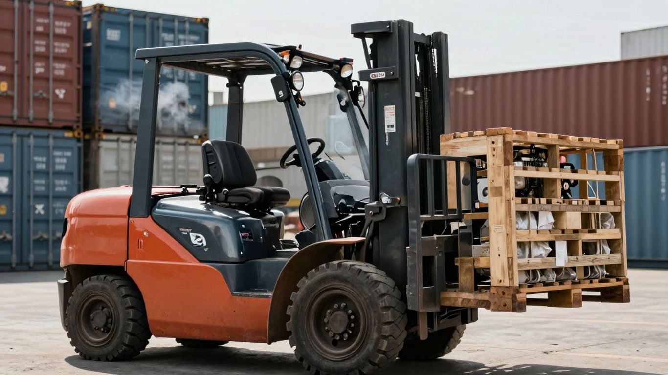 รถโฟล์คลิฟท์น้ำมันกำลังยกสินค้าในคลังสินค้า