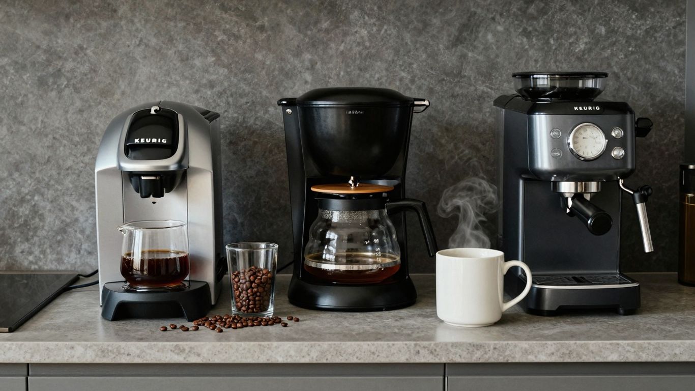 Coffee makers: Keurig, drip, and espresso on a counter.
