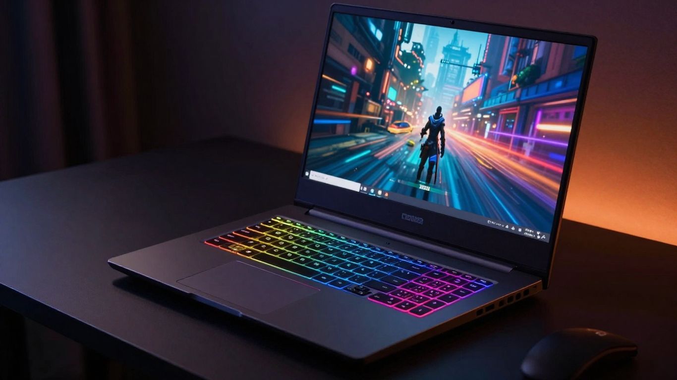 Gaming laptop with RGB keyboard and colorful game on screen.