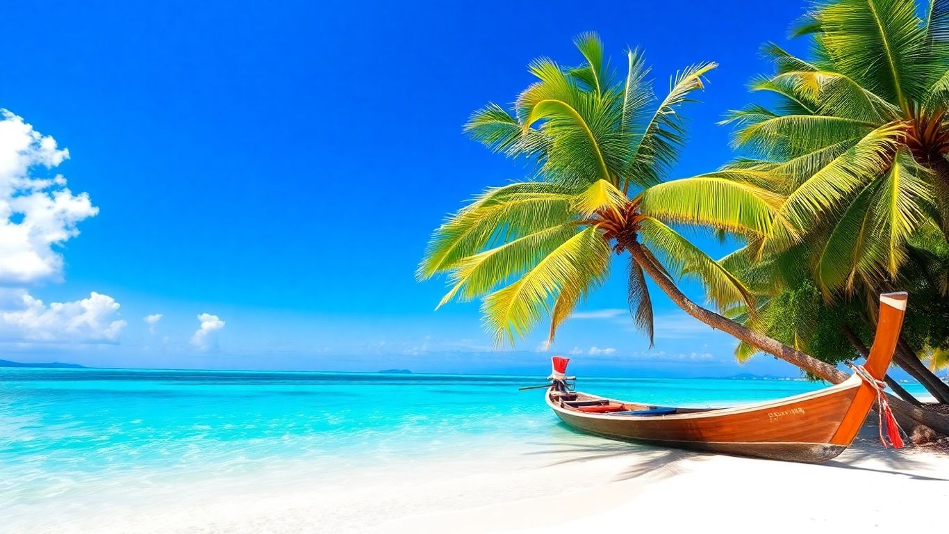 Beautiful Thai beach with clear water and palm trees.